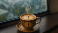 تصویری از یک فنجان قهوه لته در کنار پنجره