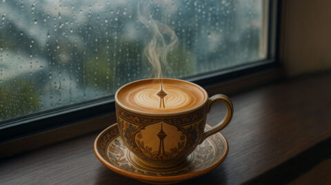 تصویری از یک فنجان قهوه لته در کنار پنجره
