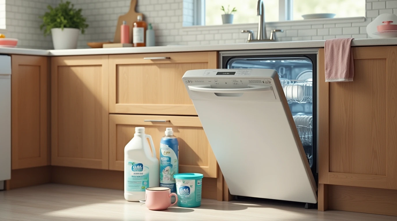 تصویری از یک ماشین ظرفشویی به همرزاه وسایل شستشو