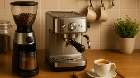 تصویری از یک آساب برقی و اسپرسوساز و یک فنجان اسپرسو