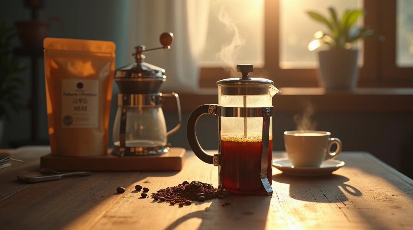 تصویری از فرنچ‌ پرس و پورد و دانه قهوه