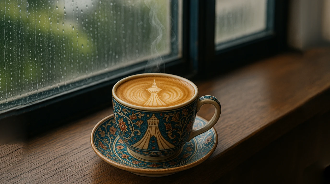 تصویری از یک فنجان قهوه لته در کنار پنجره