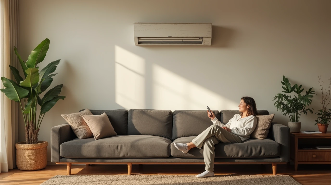 تصویری از یک خانم در زیر کولر گازی نشسته