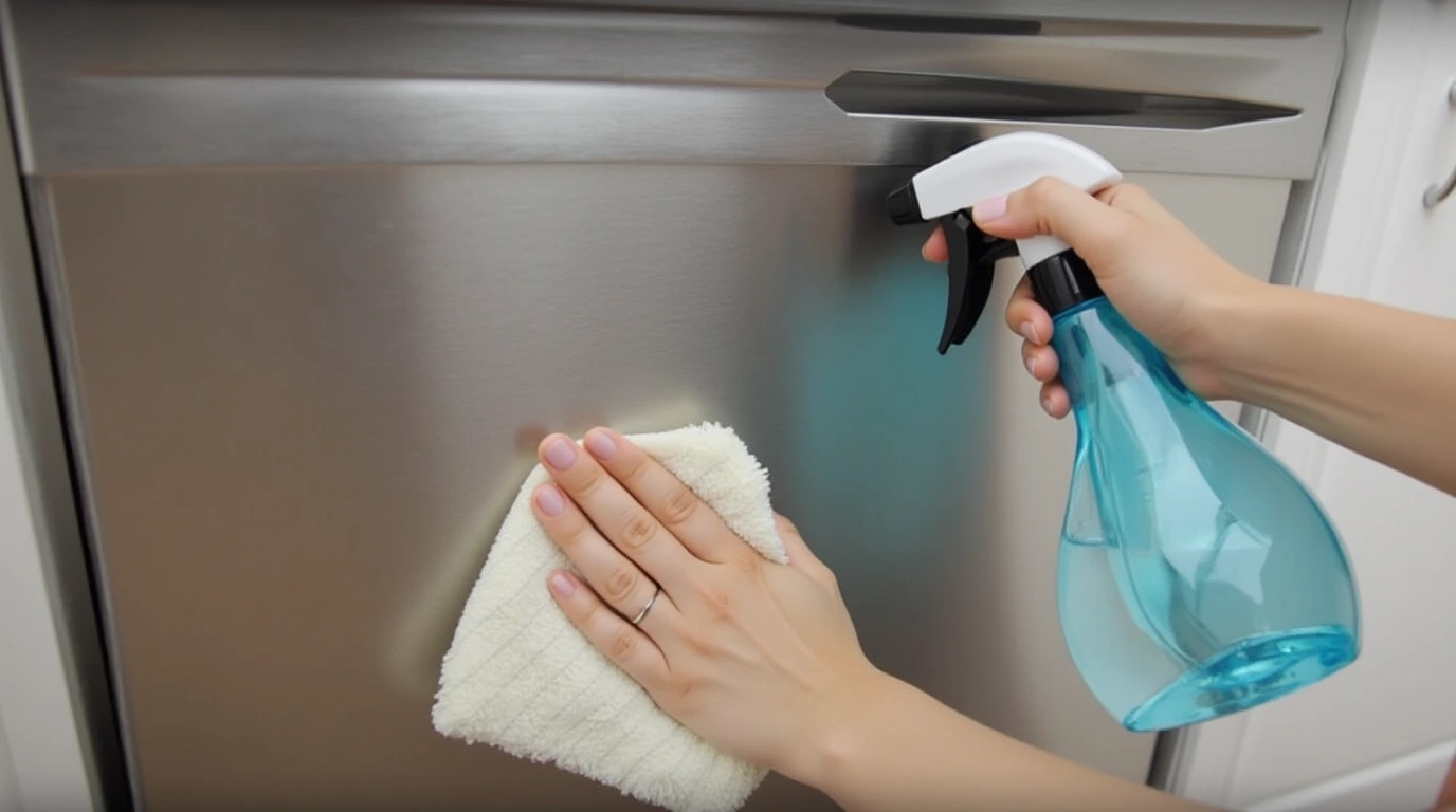 تصویری از کسی که در حال تمیز کردن بدنه بیرونی ماشین ظرفشویی است