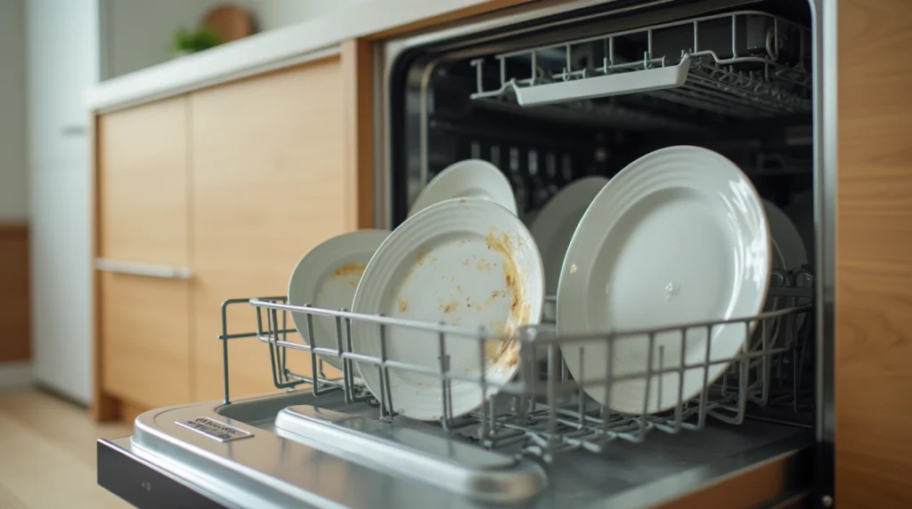 تصویری از یک ماشین ظرفشویی با ظرف‌هایی کثیف داخلش