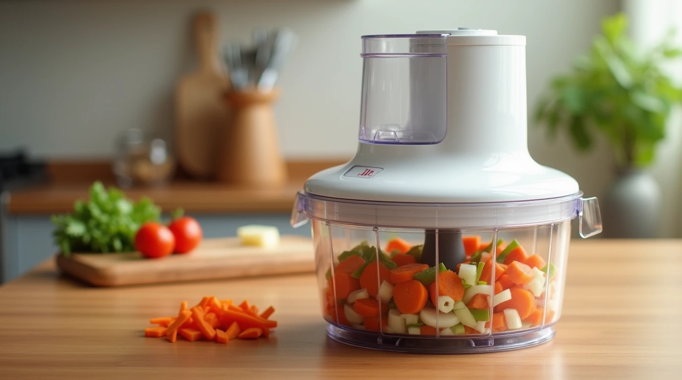 تصویری از یک خردکن که داره موادر غذایی رو خرد می‌کنه