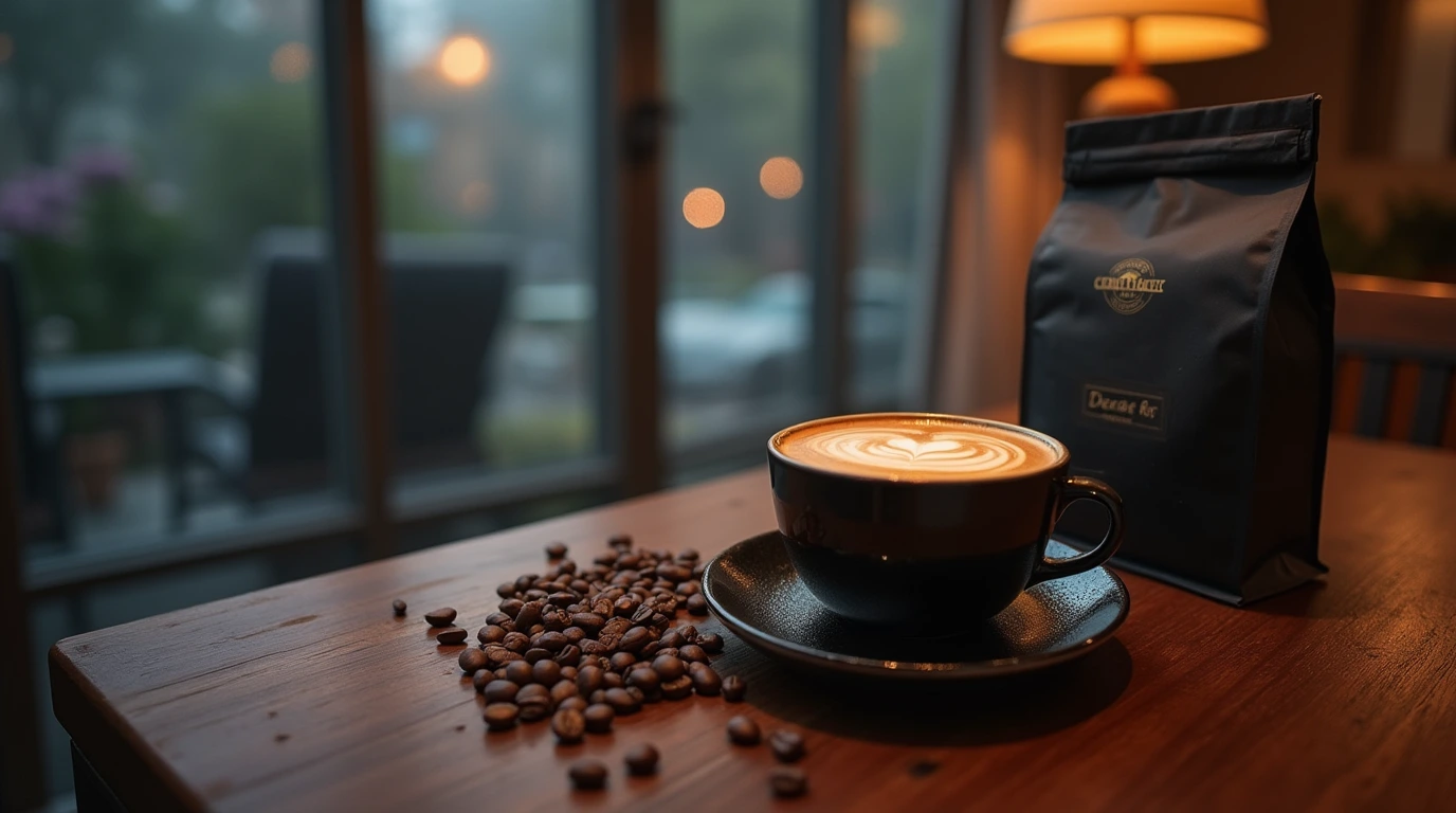 تصویری از یک فنجان قهوه دیکف در کنار دانه های قهوه