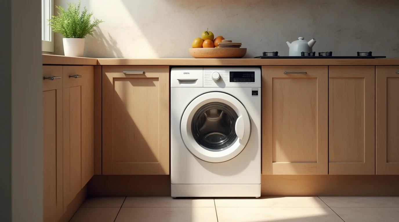تصویری از یک ماشین لباسشویی داخل آشپزخانه