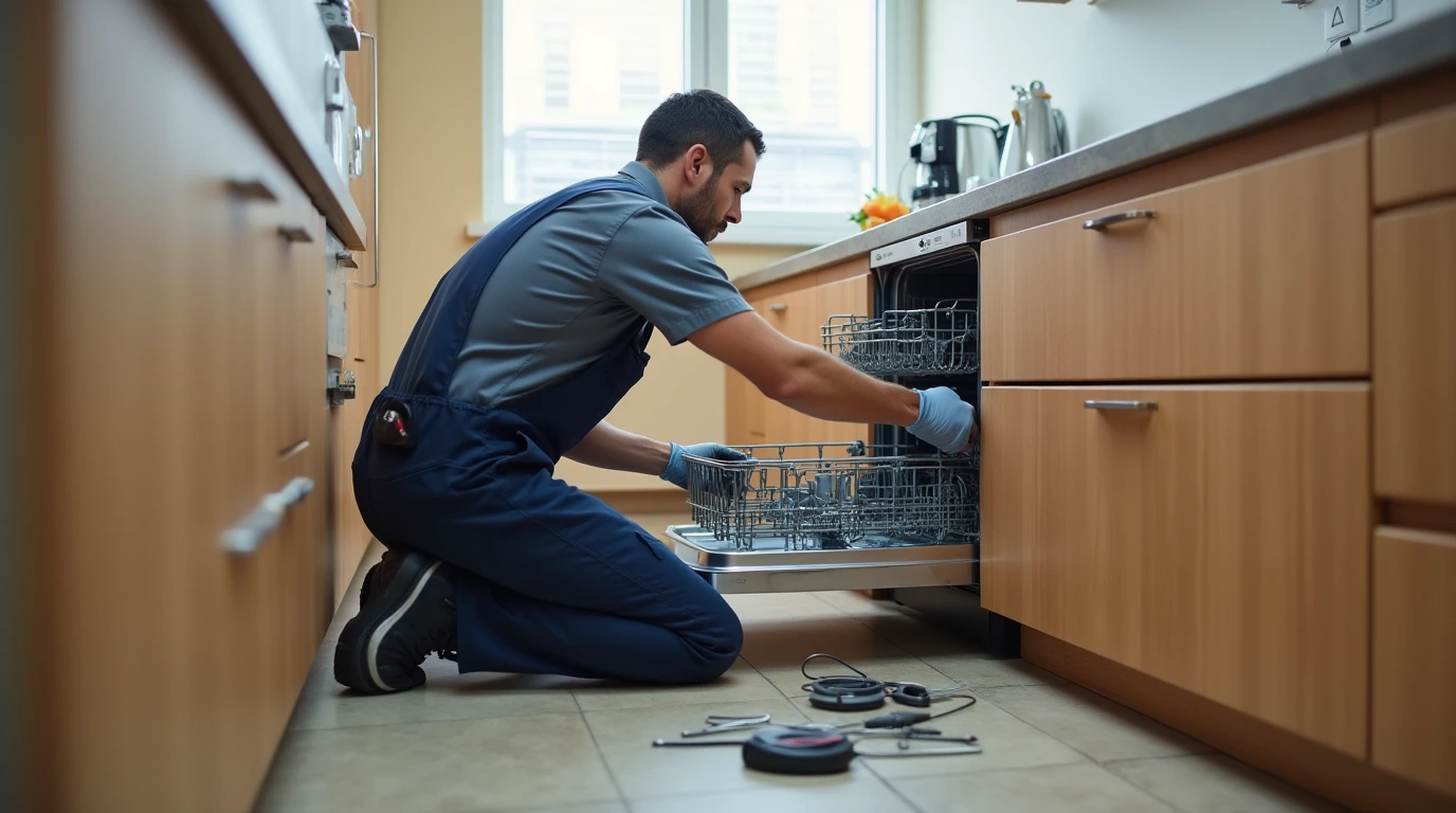 تصویری از یک تعمیرکار در حال تعمیر ماشین ظرفشویی