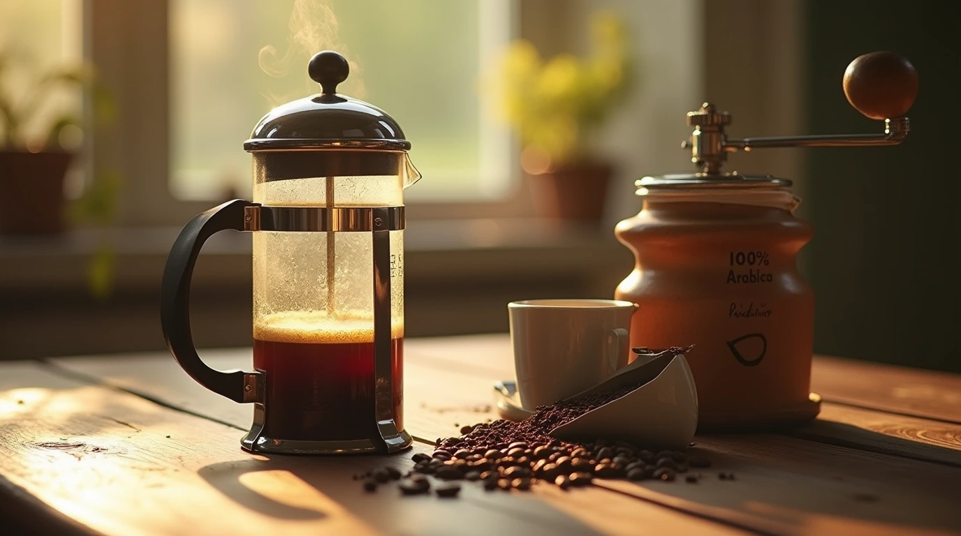 تصویری از فرنچ‌ پرس و پورد و دانه قهوه