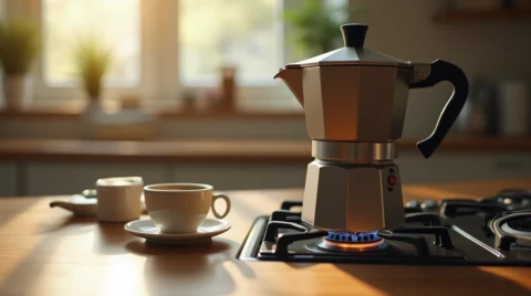 یک موکاپات روی اجاق در حال آماده سازی قهوه