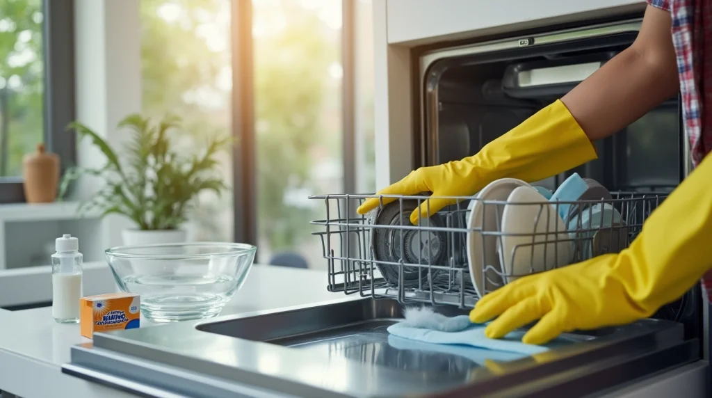 تصویری از کسی که در حال تمیز کردن ماشین ظرفشویی است