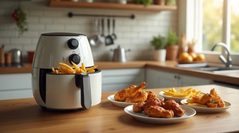 تصویری از یک سرخ کن بدون روغن در کنار غذایی که درست کرده