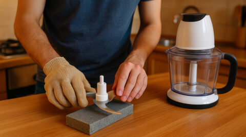 تصویری از یک خردکن و یک فرد که داره تیغش رو تیز میکنه