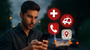 فردی در حال نصب اپلیکیشن های اضطراری روی گوشی تلفن همراه