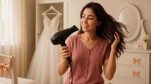 یک نوعروس در حال حالت دهی به مو با سشوار