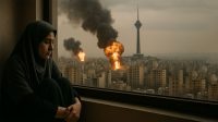 تصویری از یک زن ایرانی در کنار انفجار بر اثر جنگ و حمله اسرائیل