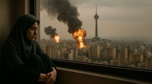 تصویری از یک زن ایرانی در کنار انفجار بر اثر جنگ و حمله اسرائیل