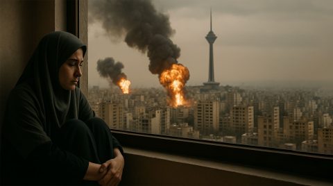 تصویری از یک زن ایرانی در کنار انفجار بر اثر جنگ و حمله اسرائیل