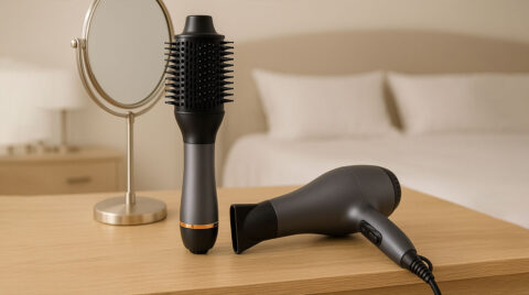 سشوار معمولی و برس دار در کنار یکدیگر روی میز آرایش در اتاق خواب