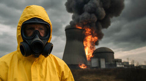 تصویری از انفجار تاسیسات هسته ای و مردی با ماسک شیمیایی در کنارآن