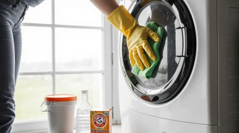 یک ماشین لباسشویی در حال تمیز کاری