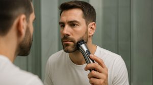 مردی در حال اصلاح صورت با ماشین اصلاح