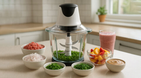 تصویری از یک خردکن در آشپزخانه و مواد غذایی که میتوان با آن تهیه کرد