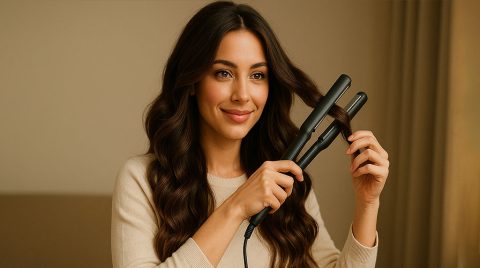 خانم در حال کرلی کردن مو با اتو مو