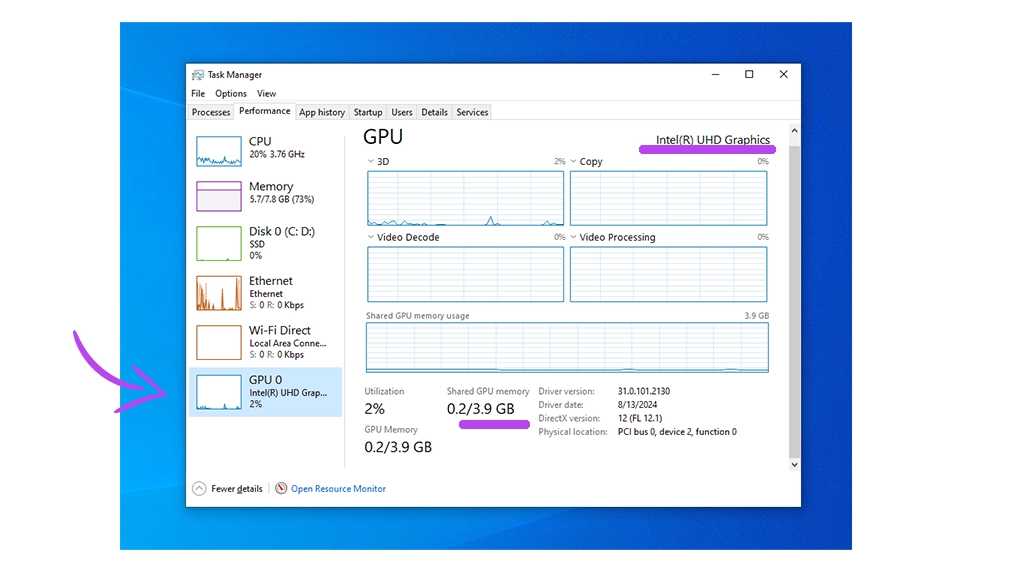 فهمیدن نوع کارت گرافیک از طریق Task Manager