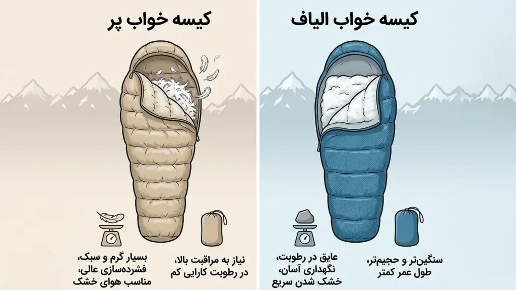انواع کیسه خواب کوهنوردی بر اساس جنس عایق