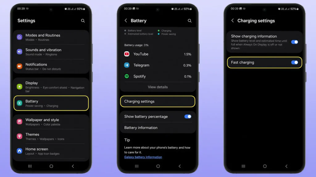 تنظیمات گوشی سامسونگ و نقش آن در فعال یا غیرفعال شدن فست شارژ