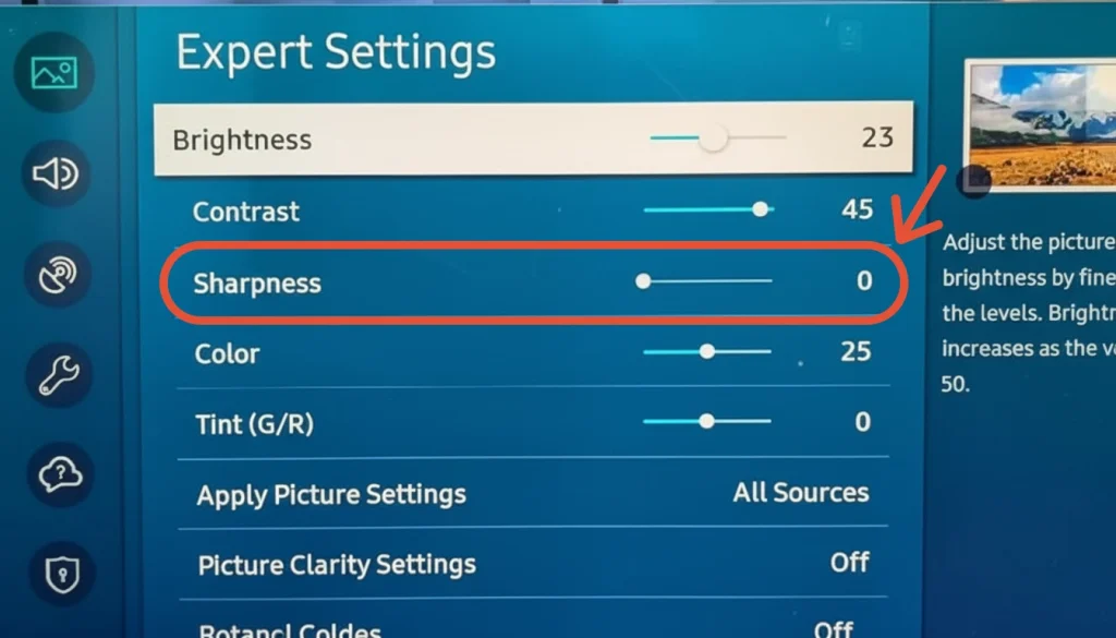 Sharpness را روی مقدار کم قرار دهید