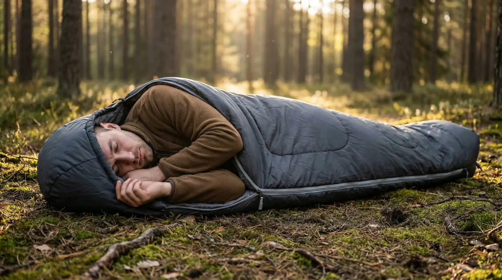 مردی در کیسه خواب خوابیده