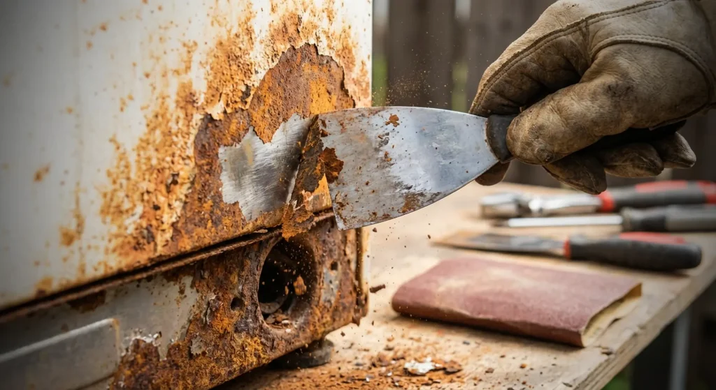 رفع زنگ زدگی ماشین لباسشویی با ابزار دستی و کاردک