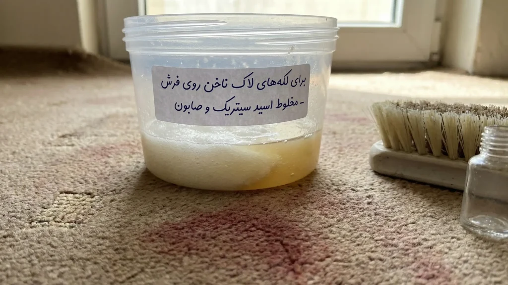 مخلوط اسید سیتریک و صابون برای پاک کردن لکه لاک از روی فرش