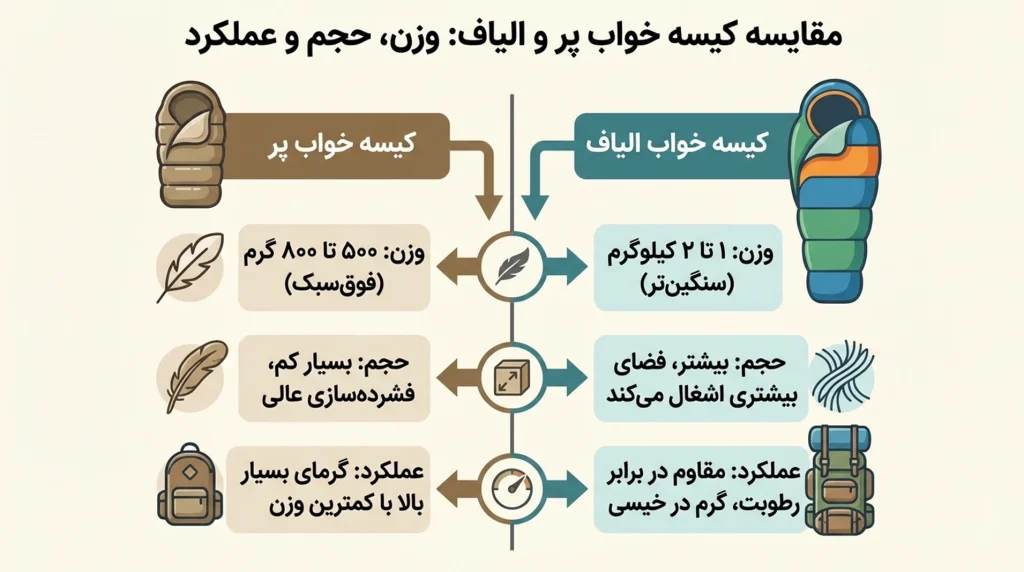 مقایسه کیسه خواب پر و الیاف در وزن
