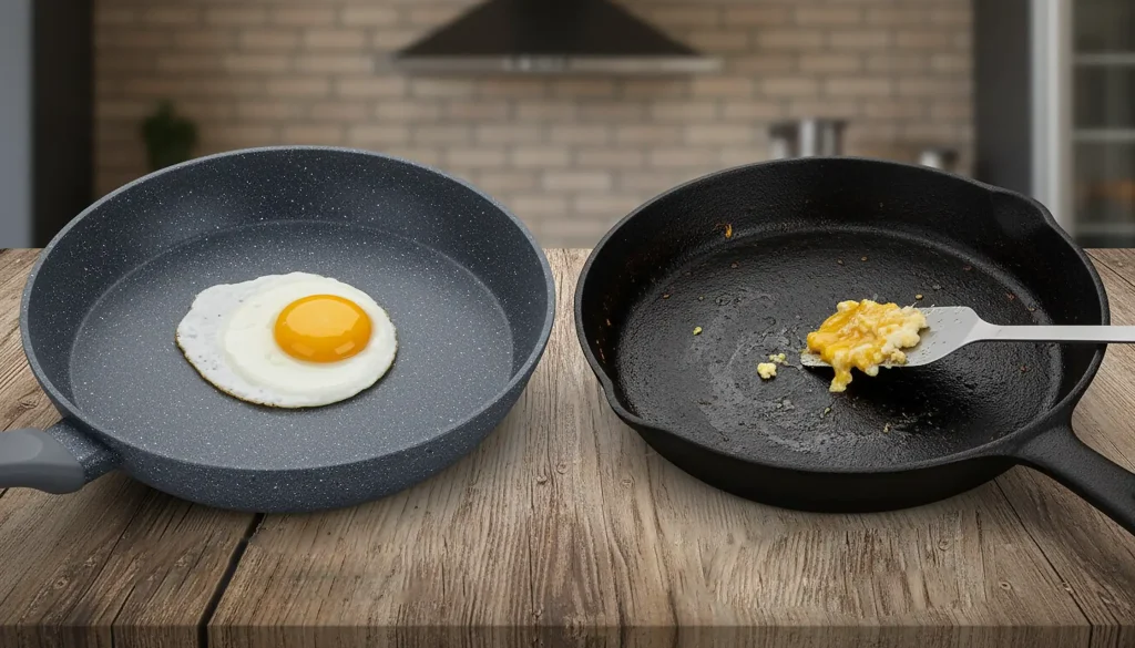 تفاوت سطح نچسب؛ گرانیت کاملاً نچسب، چدن نیمهنچسب