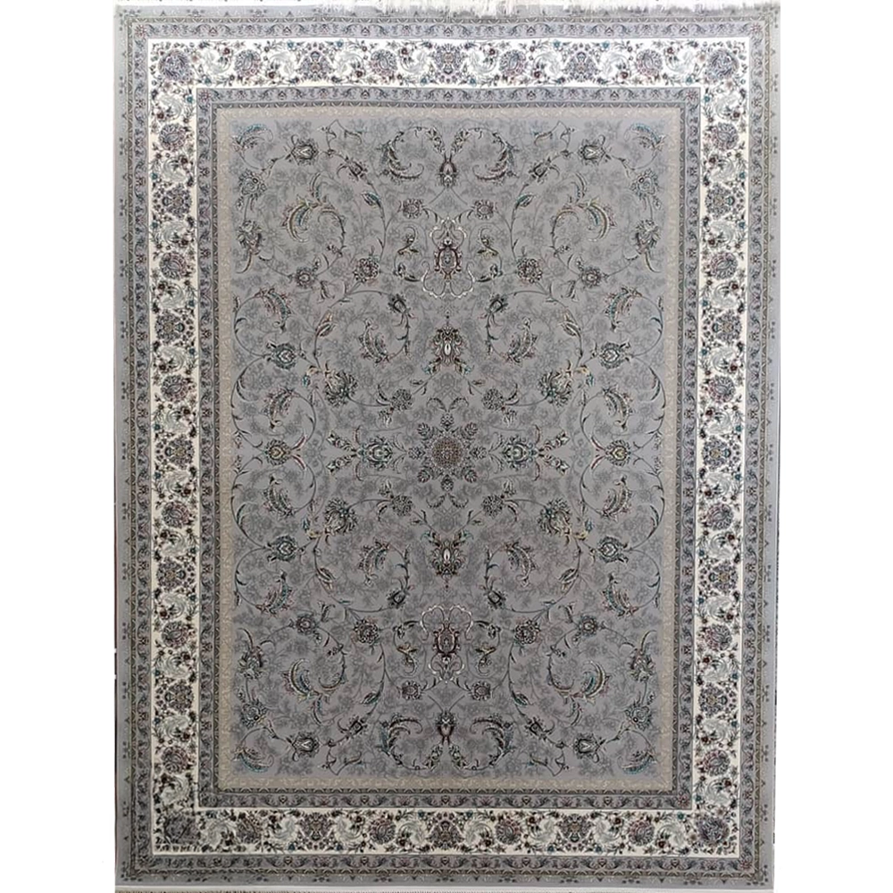 فرش 700 شانه تراکم 2550 نگین فیروزه مدل النا حاشیه صدفی زمینه نقره‌ای