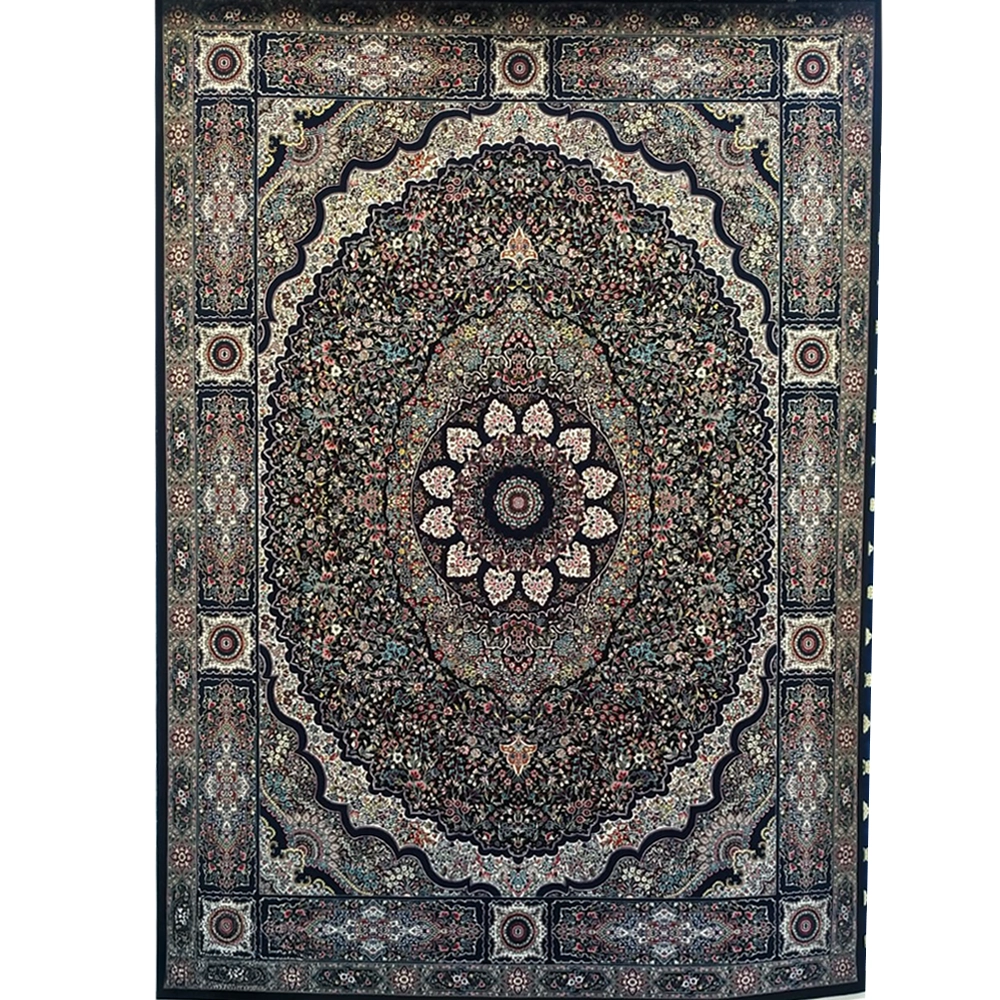 فرش 700 شانه تراکم 2550 نگین فیروزه مدل کرمان مینا زمینه سرمه‌ای