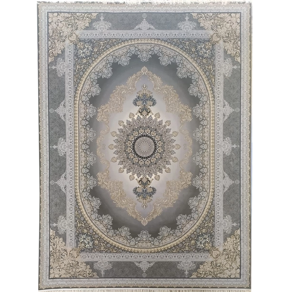 فرش 700 شانه تراکم 2550 نگین فیروزه مدل کارن زمینه فیلی