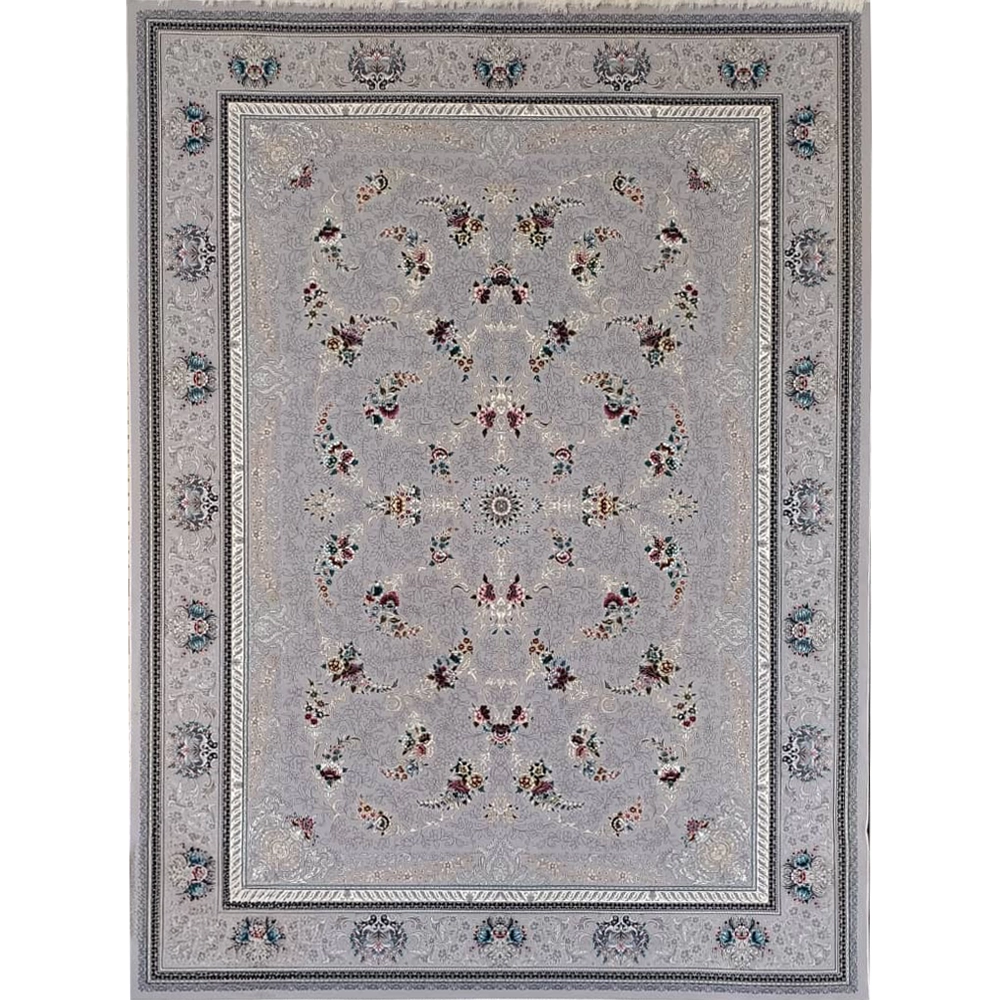 فرش 700 شانه تراکم 2550 نگین فیروزه مدل نیران زمینه نقره‌ای