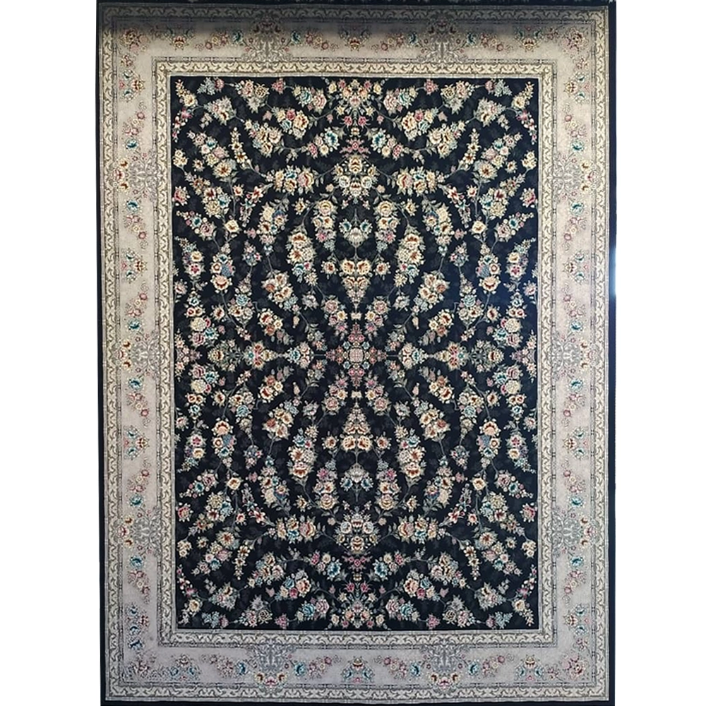 فرش 700 شانه تراکم 2550 نگین فیروزه مدل ژینوس زمینه سرمه‌ای