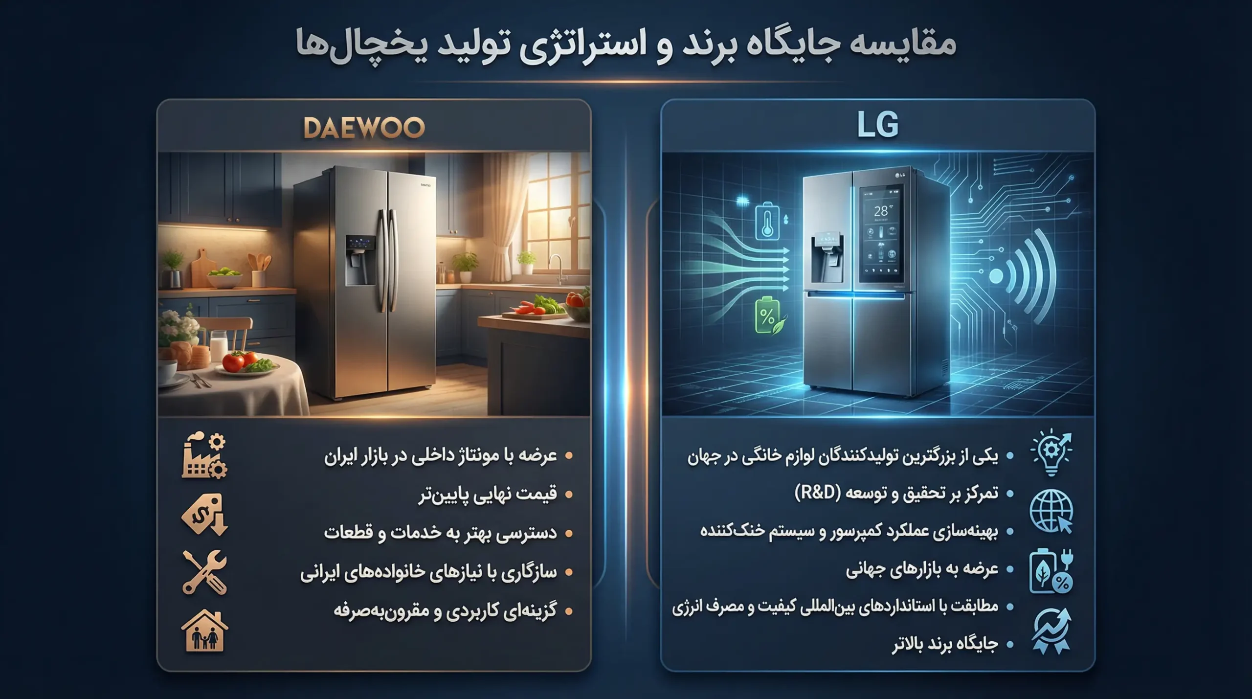 مقایسه جایگاه یخچال برندهای ال جی و دوو؛ تفاوت در استراتژی تولید.