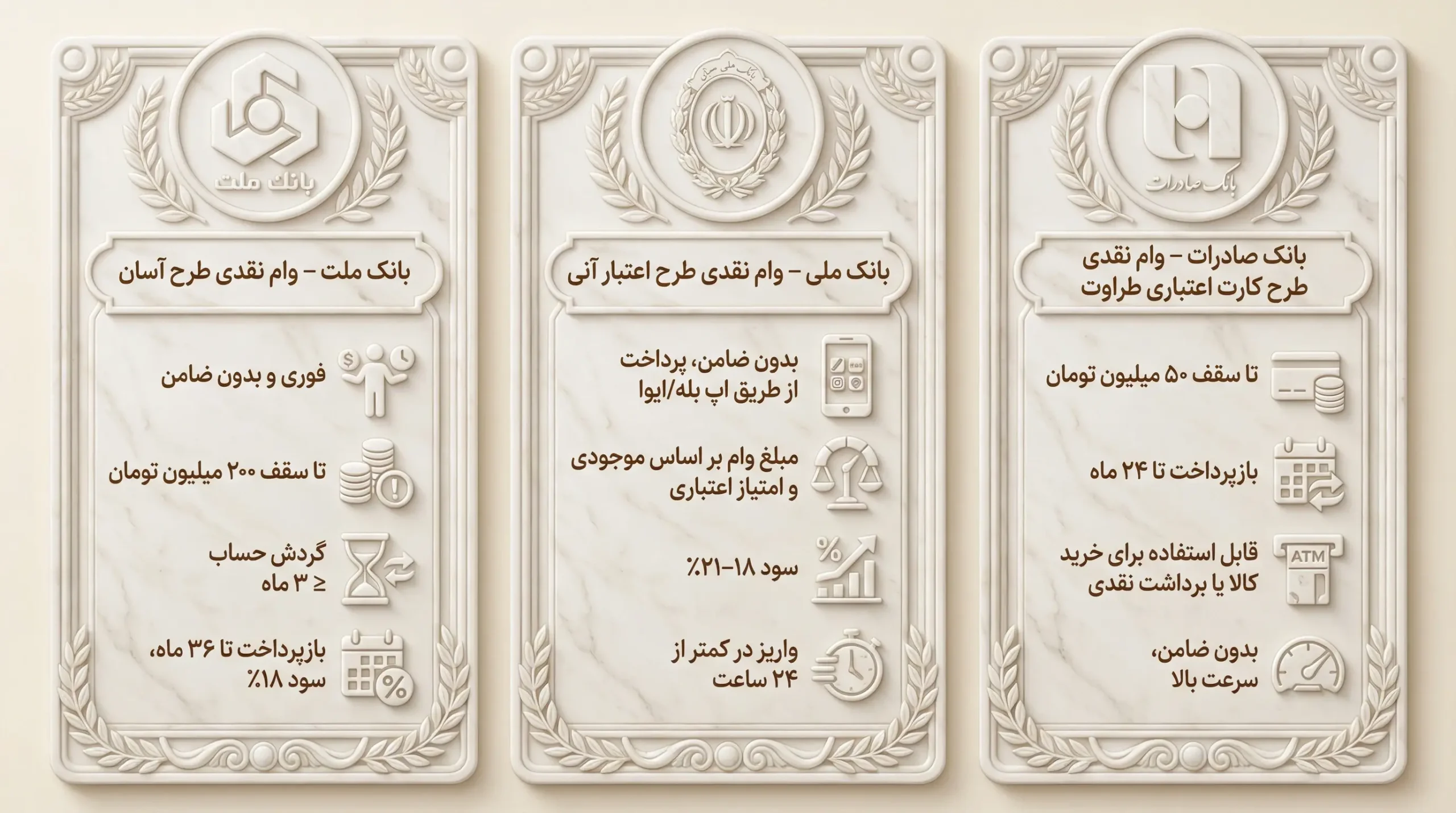 وام نقدی طرح آسان بانک ملت، طرح اعتبار آنی بانک ملی، طرح کارت اعتباری بانک صادرات (طراوت)