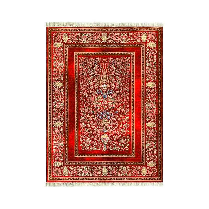 فرش ابریشم نما 700 شانه ماشینی 77 رج رخ بافت مدل باغ گل رنگ زمینه قرمز