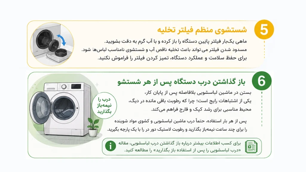 شستشوی منظم فیلتر تخلیه و گذاشتن درب دستگاه پس از شست و شو