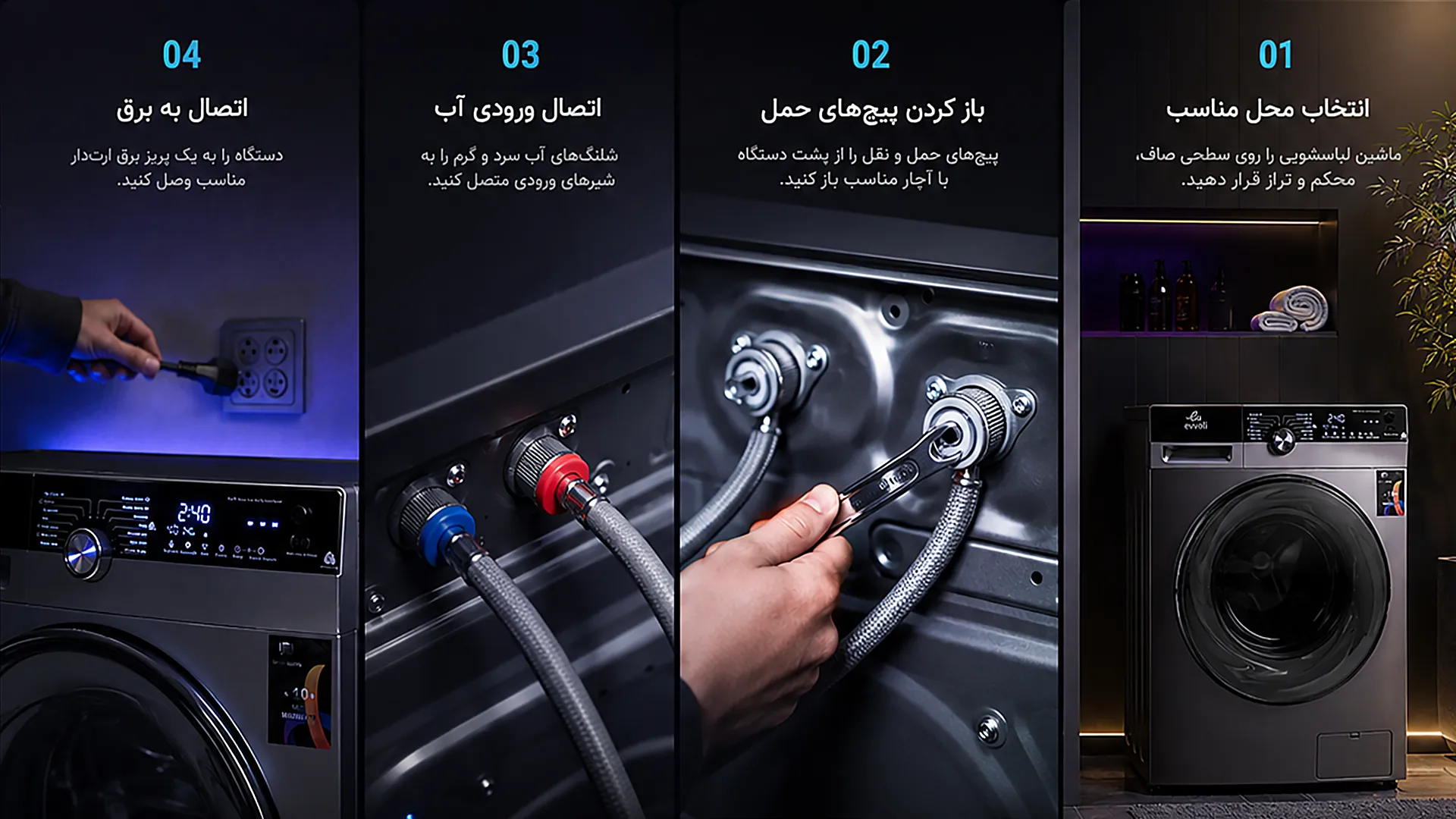 راهنمای کامل نصب ماشین لباسشویی ایوولی