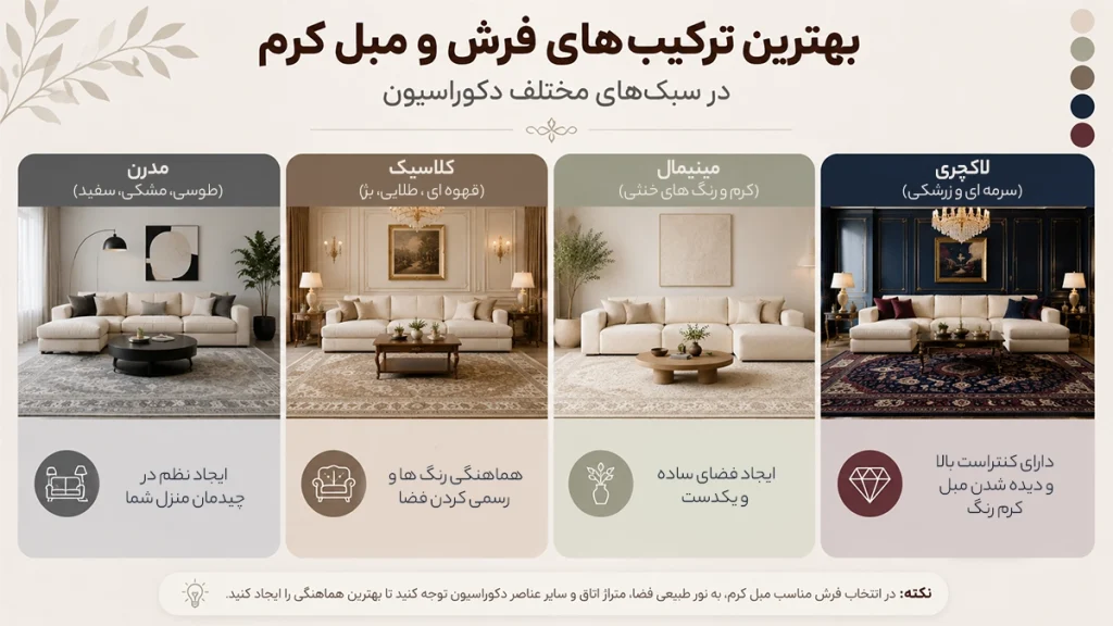 بهترین ترکیبهای فرش و مبل کرم در سبکهای مختلف دکوراسیون