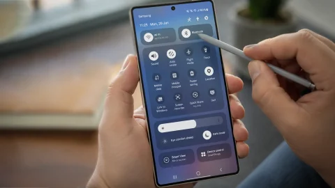 تصویر فردی که یک گوشی S25 Ultra در دست دارد و در کنار آن قلم S Pen در S25 Ultra دیده میشود و علامت بلوتوث